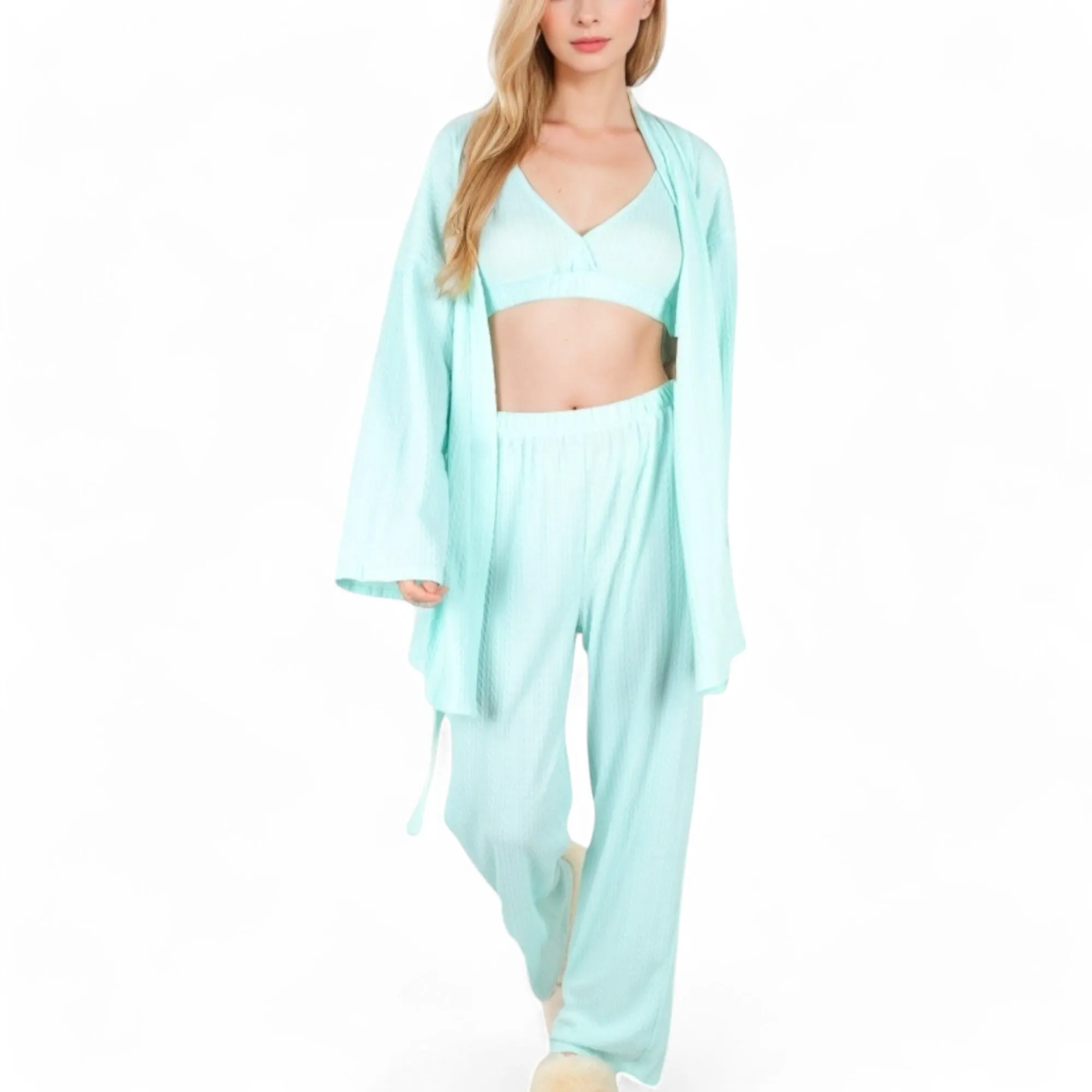 Anna-Kaci Women's 3-Piece Lounge Set with Tie-Front Cardigan and Ribbed Pants