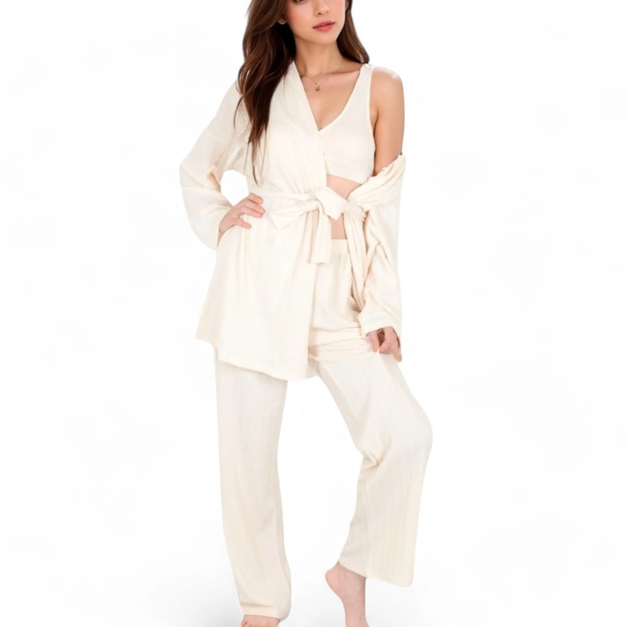 Anna-Kaci Women's 3-Piece Lounge Set with Tie-Front Cardigan and Ribbed Pants