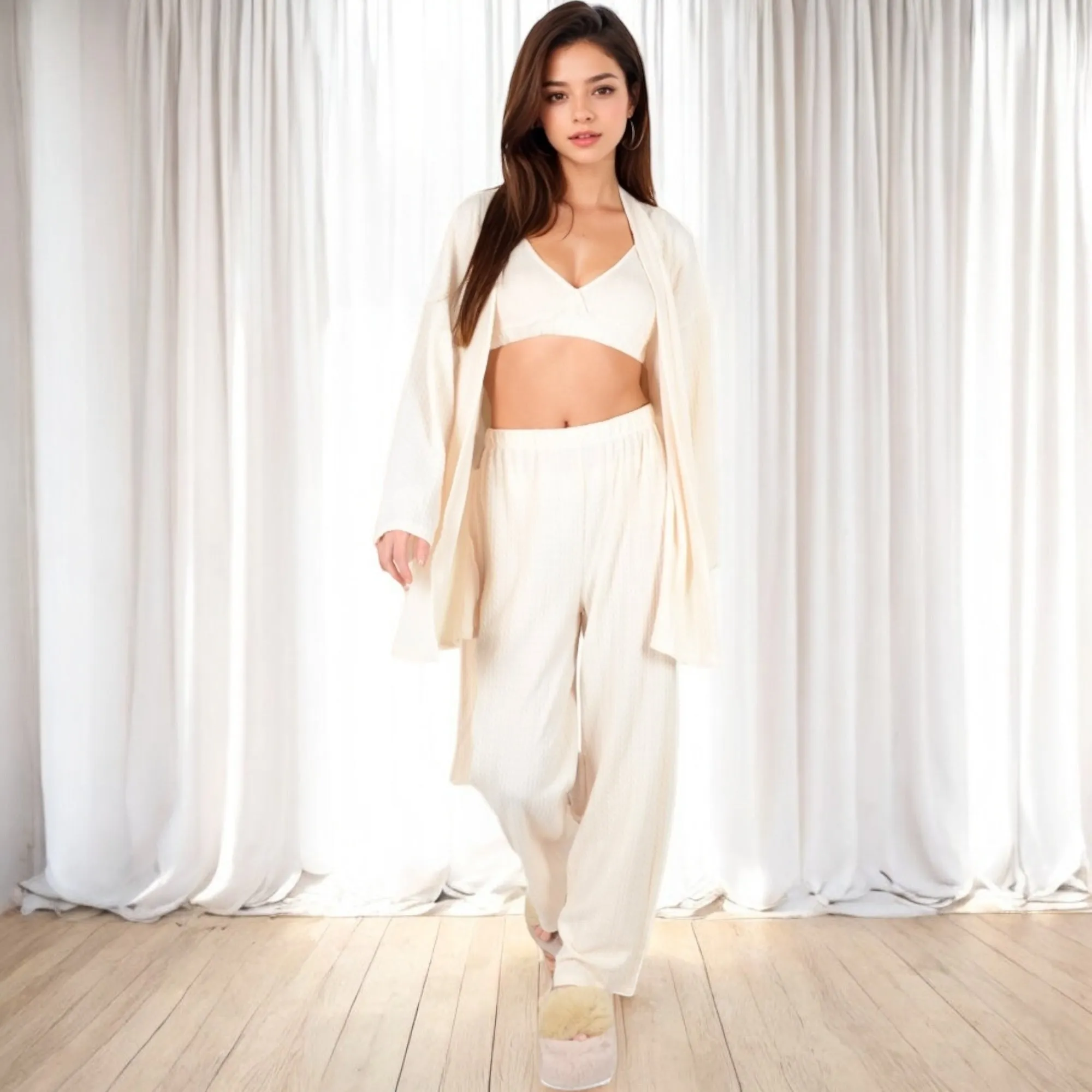 Anna-Kaci Women's 3-Piece Lounge Set with Tie-Front Cardigan and Ribbed Pants