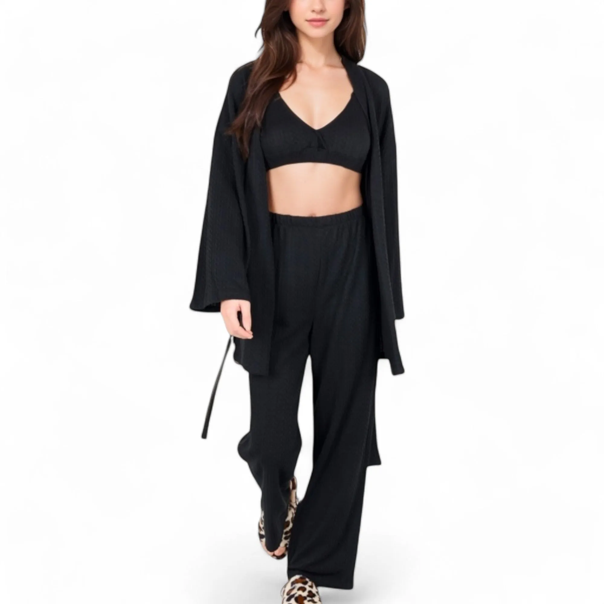 Anna-Kaci Women's 3-Piece Lounge Set with Tie-Front Cardigan and Ribbed Pants