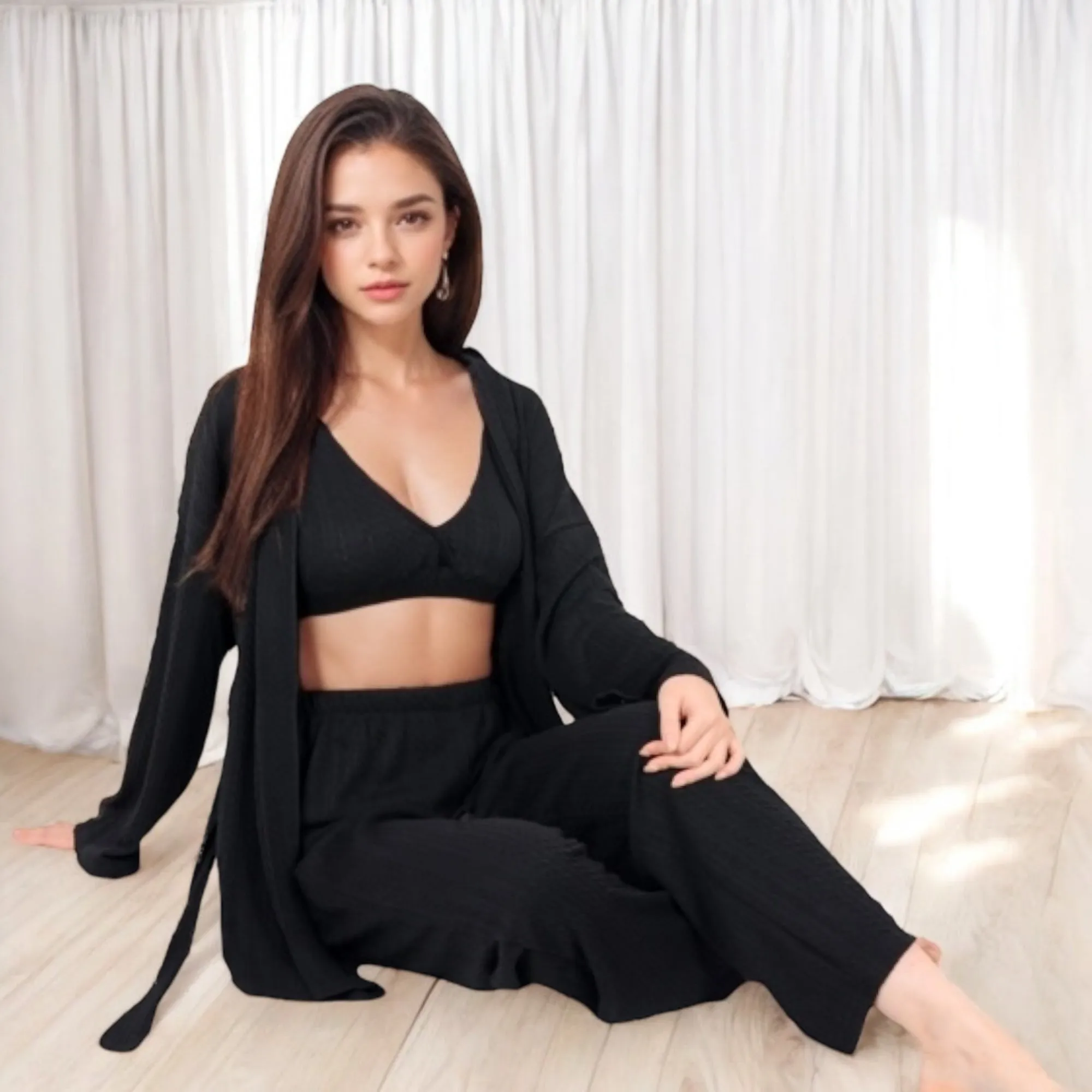 Anna-Kaci Women's 3-Piece Lounge Set with Tie-Front Cardigan and Ribbed Pants