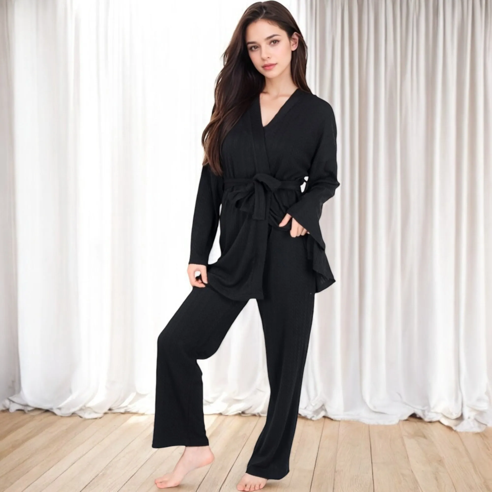 Anna-Kaci Women's 3-Piece Lounge Set with Tie-Front Cardigan and Ribbed Pants