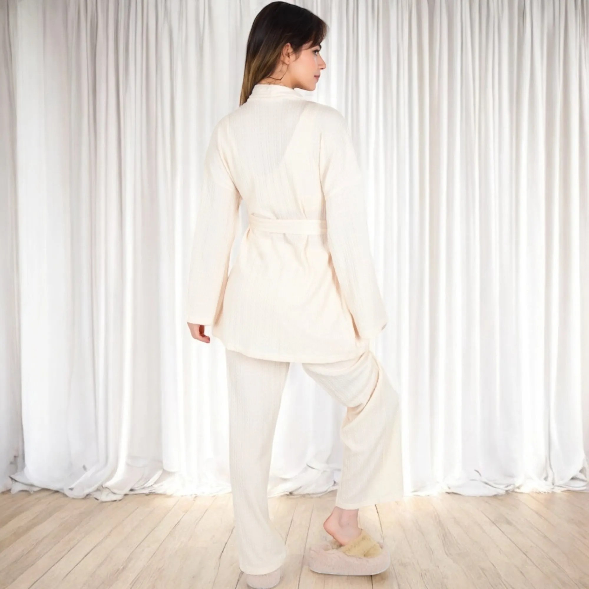Anna-Kaci Women's 3-Piece Lounge Set with Tie-Front Cardigan and Ribbed Pants