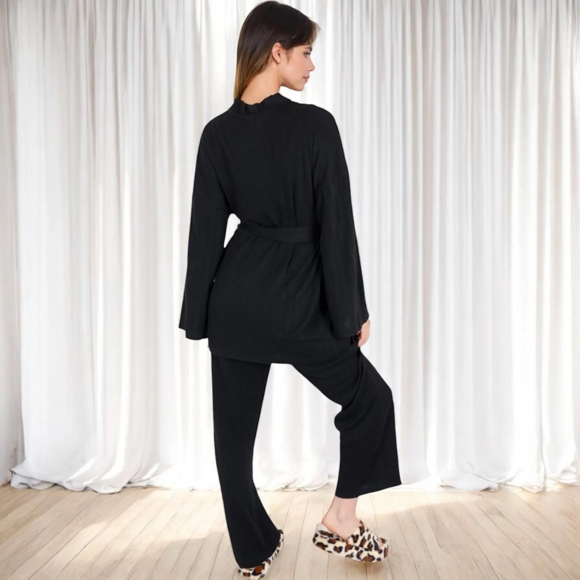 Anna-Kaci Women's 3-Piece Lounge Set with Tie-Front Cardigan and Ribbed Pants