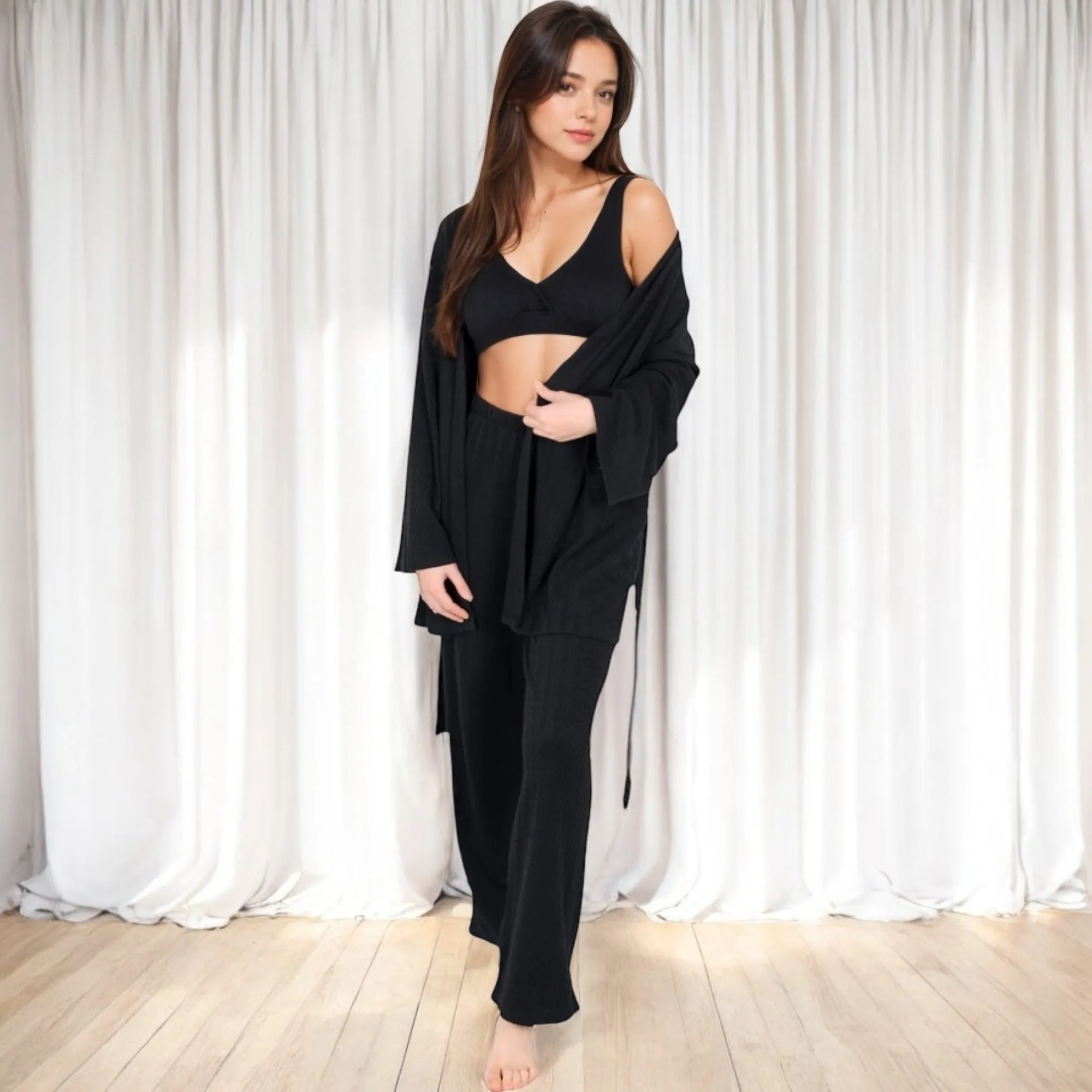 Anna-Kaci Women's 3-Piece Lounge Set with Tie-Front Cardigan and Ribbed Pants