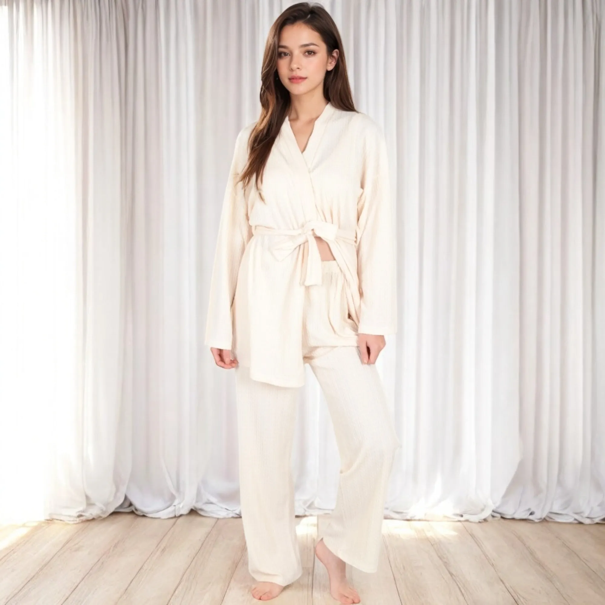 Anna-Kaci Women's 3-Piece Lounge Set with Tie-Front Cardigan and Ribbed Pants