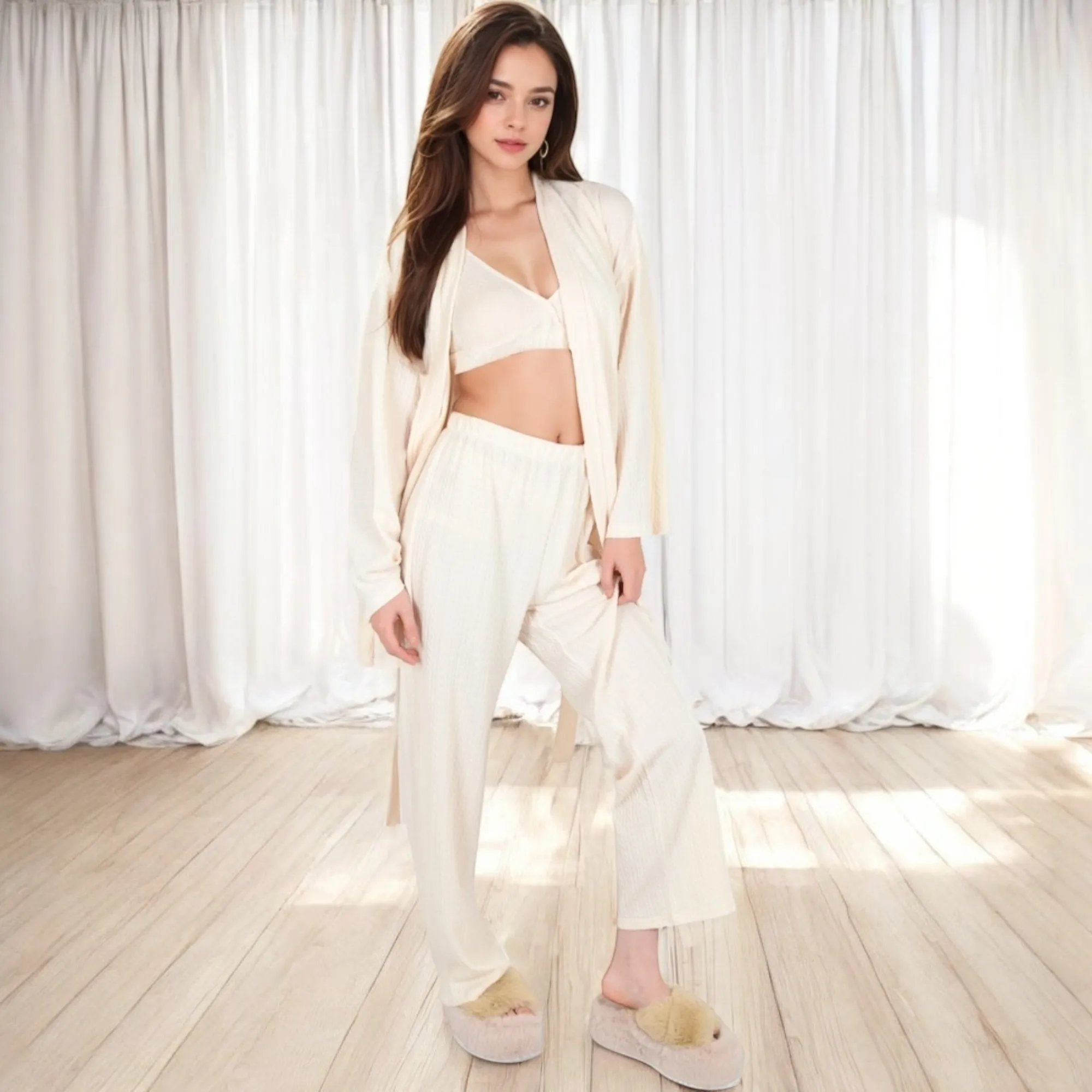 Anna-Kaci Women's 3-Piece Lounge Set with Tie-Front Cardigan and Ribbed Pants