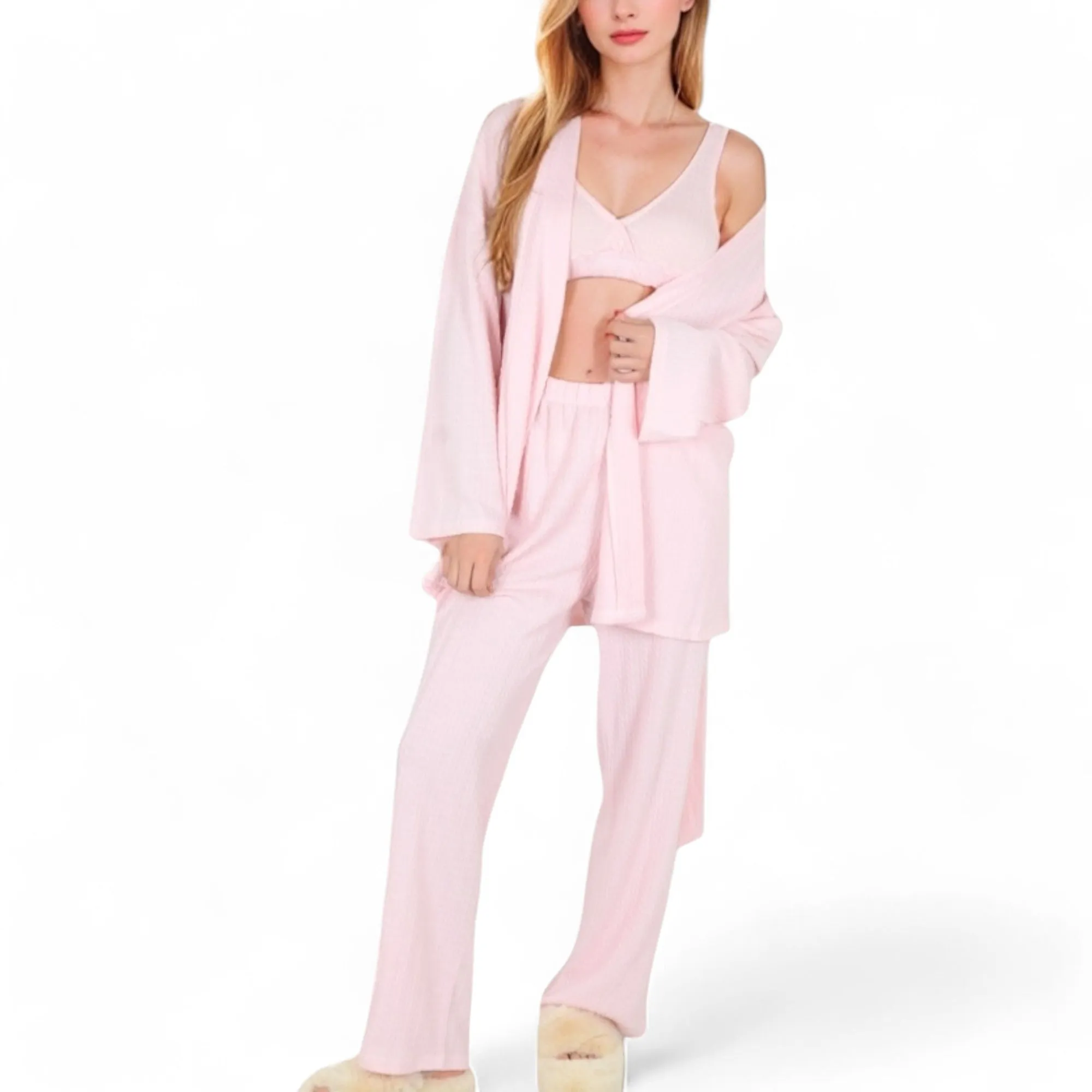 Anna-Kaci Women's 3-Piece Lounge Set with Tie-Front Cardigan and Ribbed Pants