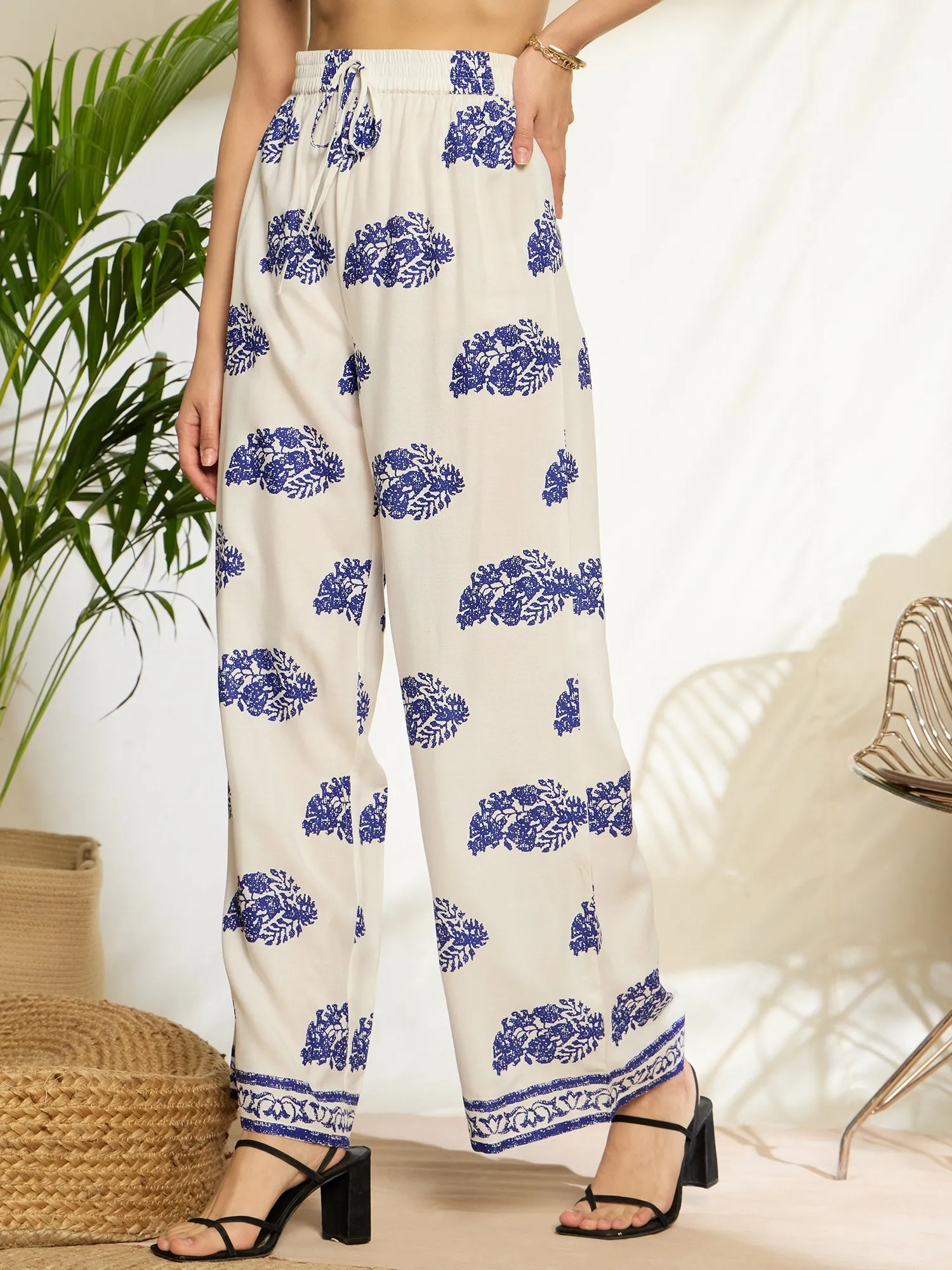 Berrylush Women White & Blue Paisley Printed High-Rise Elastic Waist Viscose Rayon Tie-Up Flat-Front Pleat Regular Trousers