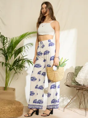 Berrylush Women White & Blue Paisley Printed High-Rise Elastic Waist Viscose Rayon Tie-Up Flat-Front Pleat Regular Trousers