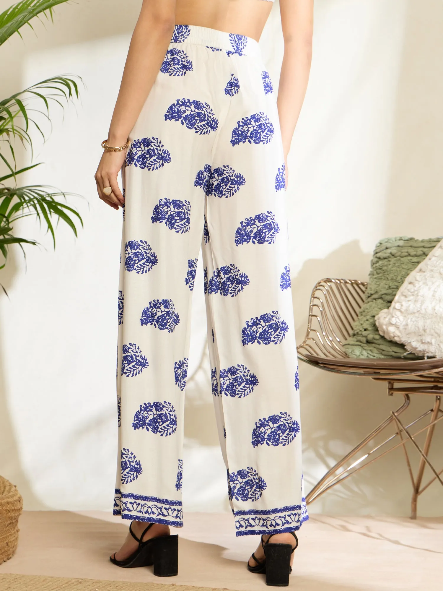 Berrylush Women White & Blue Paisley Printed High-Rise Elastic Waist Viscose Rayon Tie-Up Flat-Front Pleat Regular Trousers