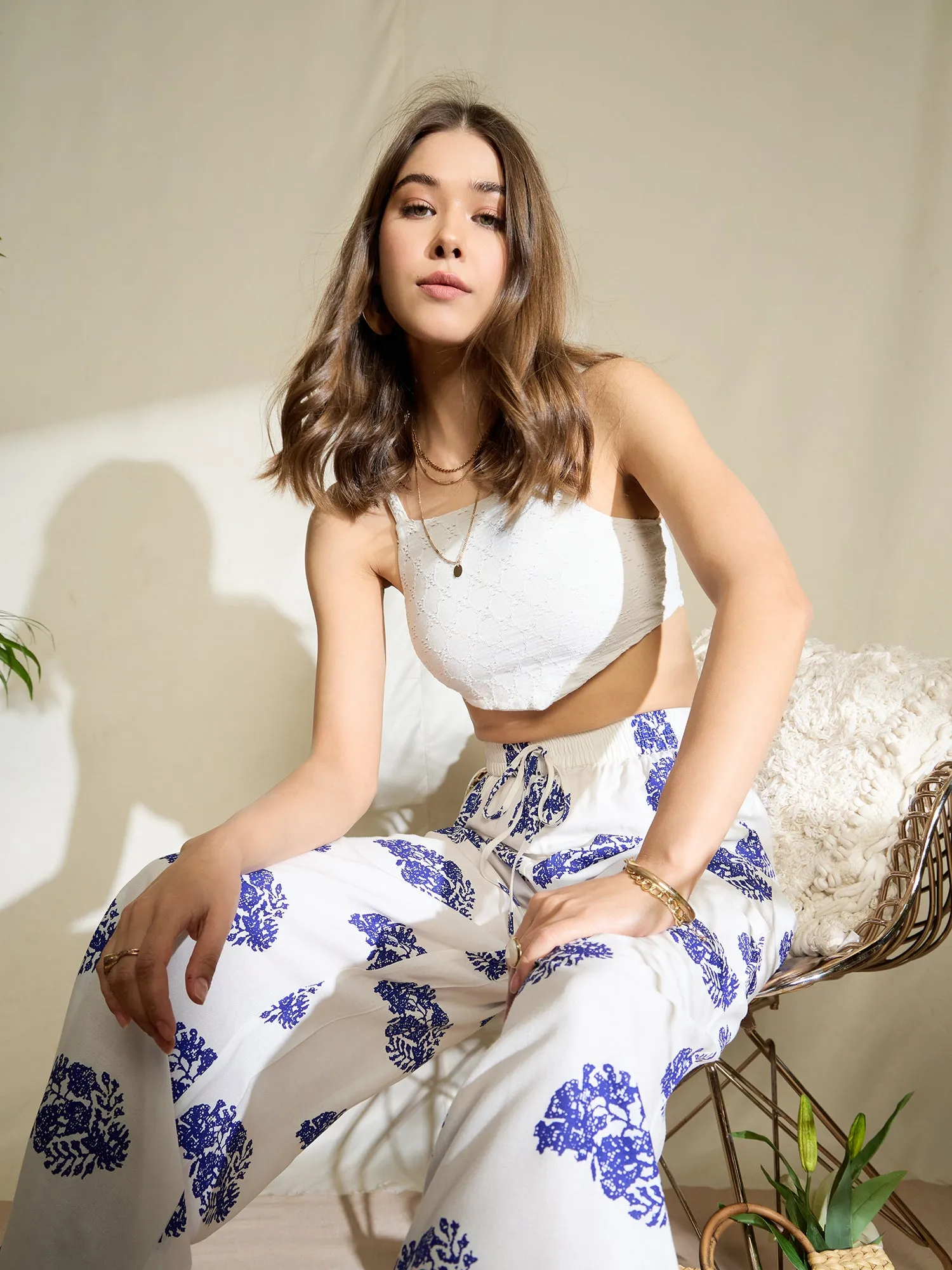 Berrylush Women White & Blue Paisley Printed High-Rise Elastic Waist Viscose Rayon Tie-Up Flat-Front Pleat Regular Trousers