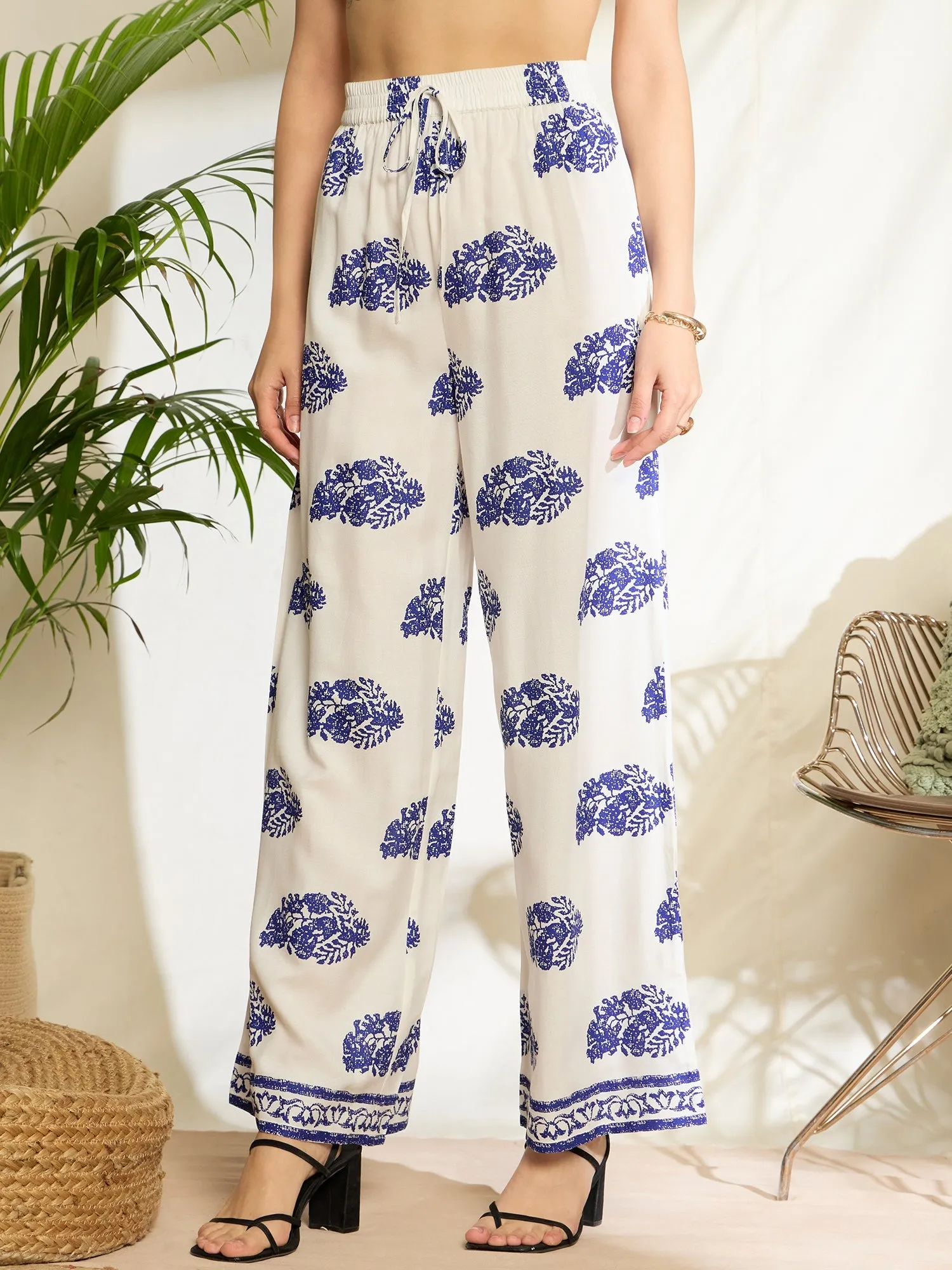 Berrylush Women White & Blue Paisley Printed High-Rise Elastic Waist Viscose Rayon Tie-Up Flat-Front Pleat Regular Trousers