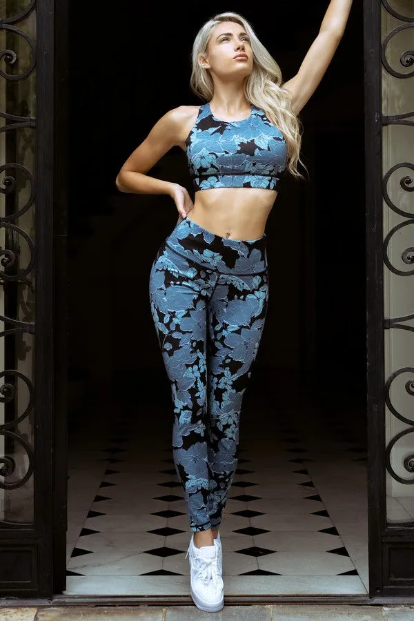 Blue Floral Printed Sports Bra