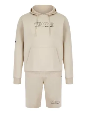 Brody Motif Brushback Fleece Pullover Hoodie and Jogger Shorts Set in Stone - Tokyo Laundry