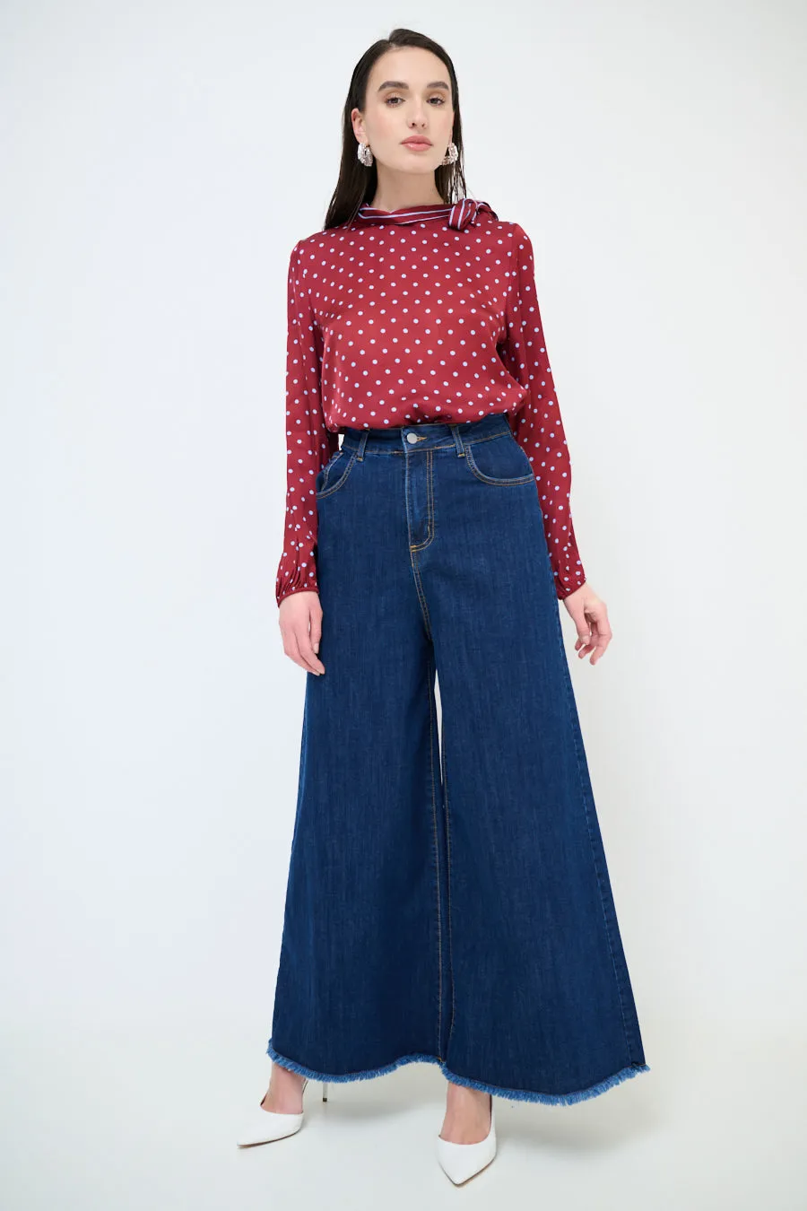 Frayed hem wide leg denim trousers wholesale