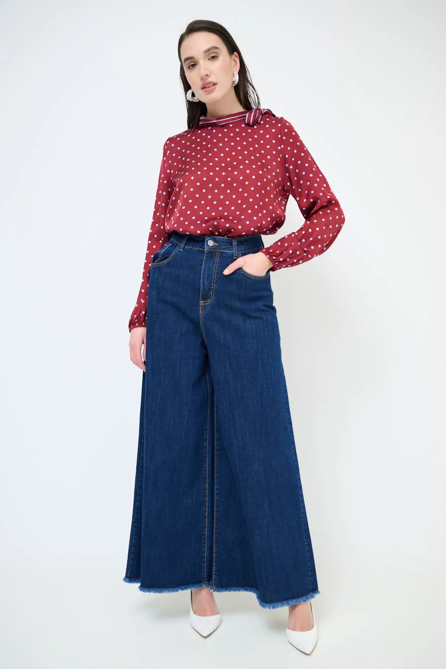Frayed hem wide leg denim trousers wholesale