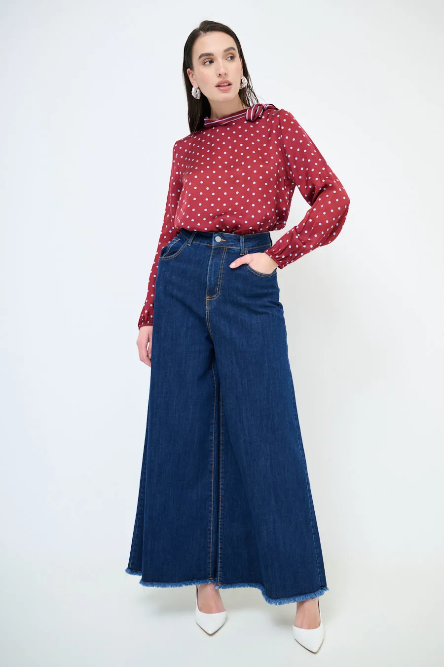 Frayed hem wide leg denim trousers wholesale