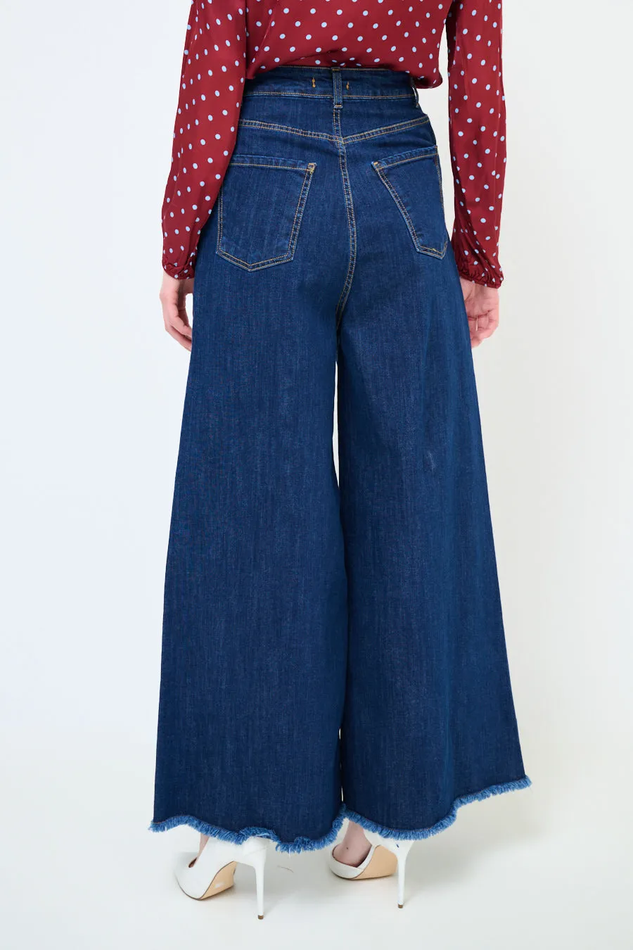 Frayed hem wide leg denim trousers wholesale