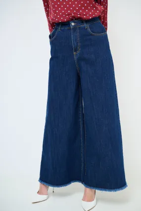 Frayed hem wide leg denim trousers wholesale