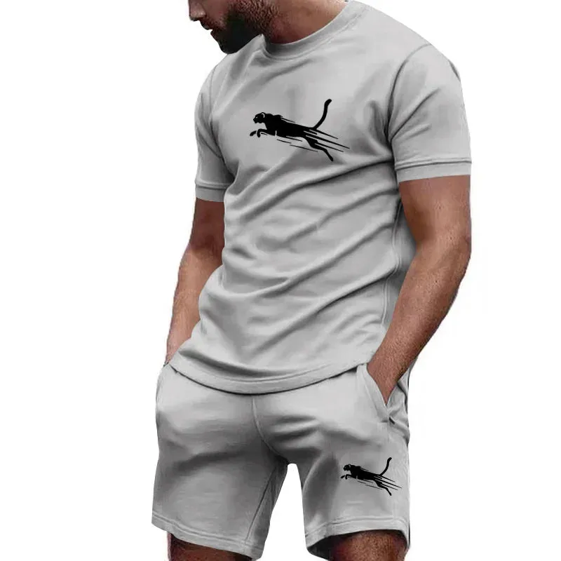 Hot selling summer T-shirt shorts 2-piece set for men's casual fitness jogging sportswear, hip-hop breathable short sleeved set