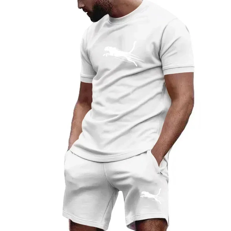 Hot selling summer T-shirt shorts 2-piece set for men's casual fitness jogging sportswear, hip-hop breathable short sleeved set