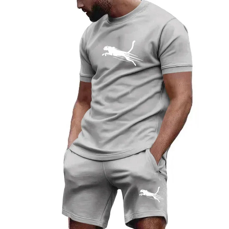 Hot selling summer T-shirt shorts 2-piece set for men's casual fitness jogging sportswear, hip-hop breathable short sleeved set