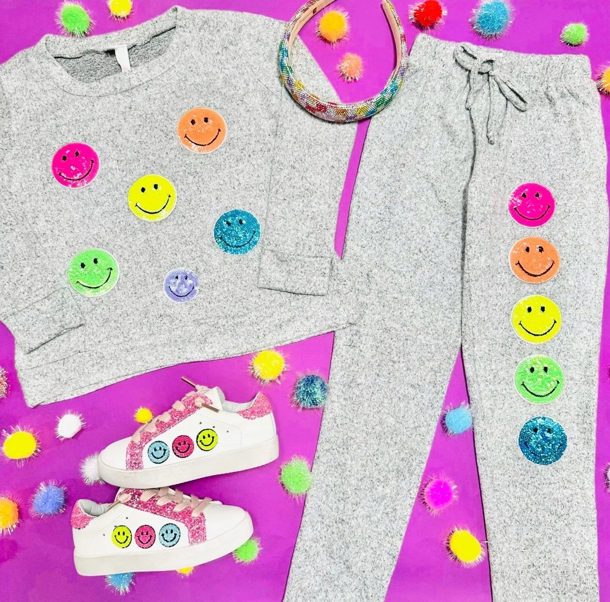 NEON SEQUIN SMILEY FACE HACCHI SWEATPANTS