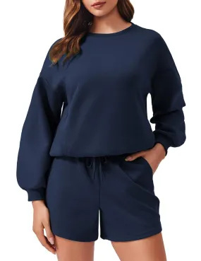 PINSPARK Women 2 Piece Outfits Sweat Shorts Sets 2024 Fall Travel Casual Matching Set Sweatsuit Tracksuit, Navy Blue X-Small