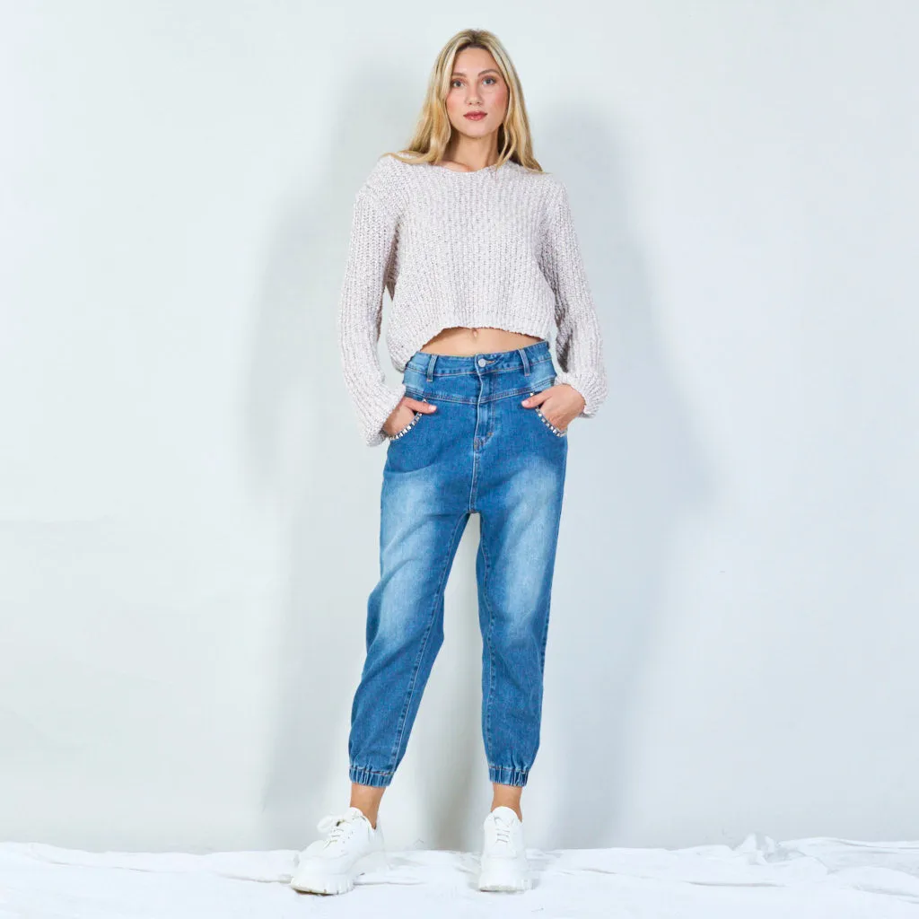 Trendy high-waist jeans with studded pockets wholesale