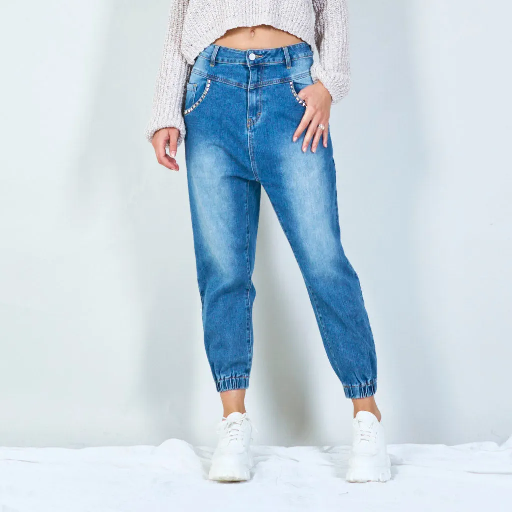 Trendy high-waist jeans with studded pockets wholesale