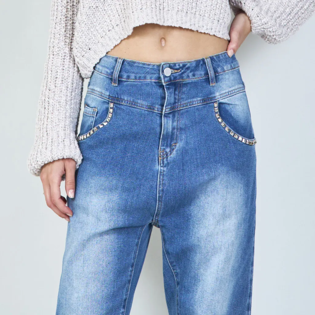 Trendy high-waist jeans with studded pockets wholesale