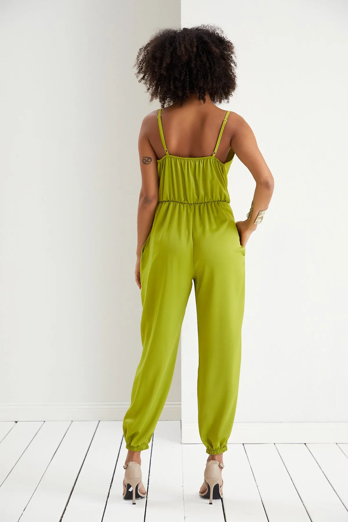 Vibrant Lime Green Satin Cami Jumpsuit