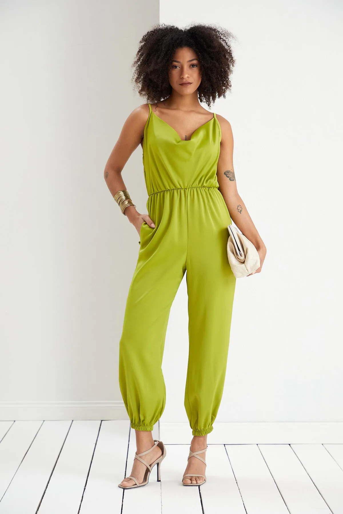 Vibrant Lime Green Satin Cami Jumpsuit