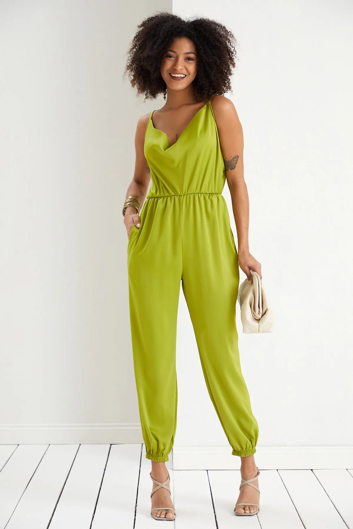 Vibrant Lime Green Satin Cami Jumpsuit