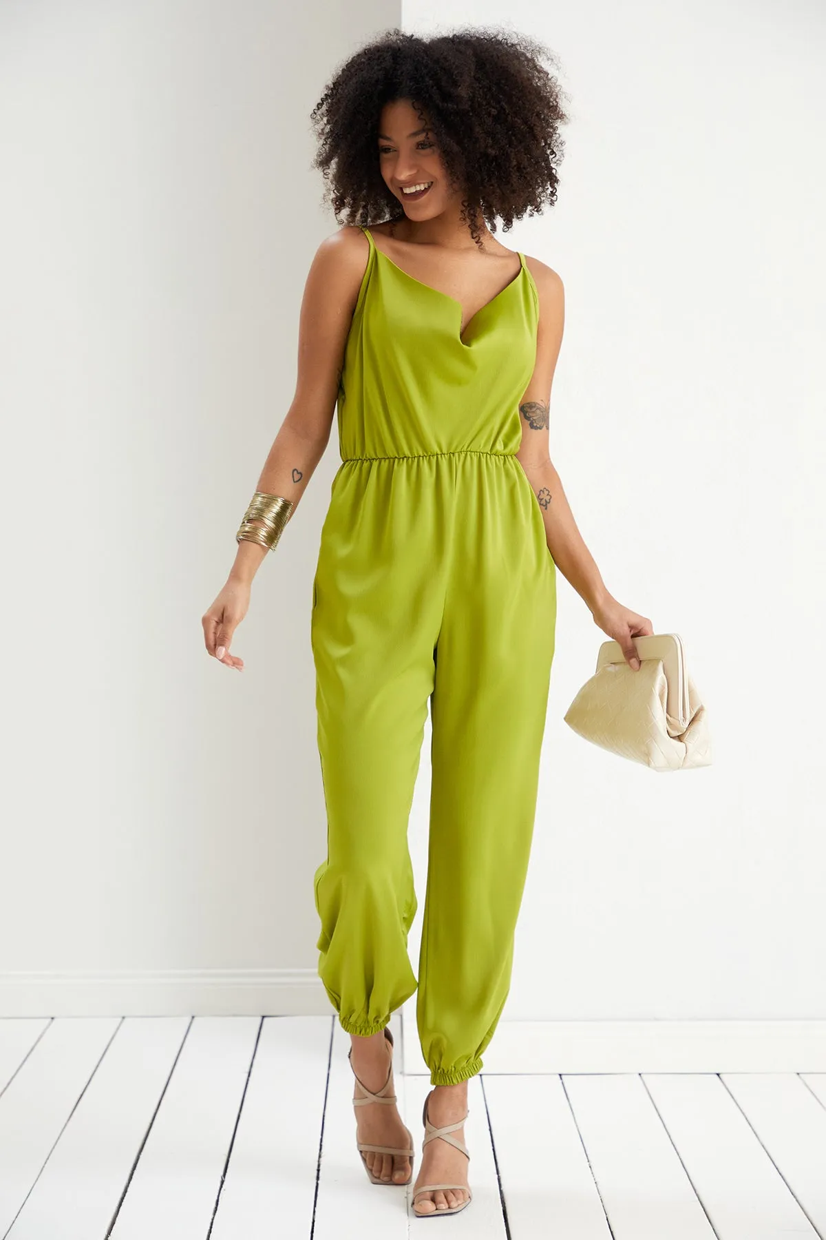 Vibrant Lime Green Satin Cami Jumpsuit