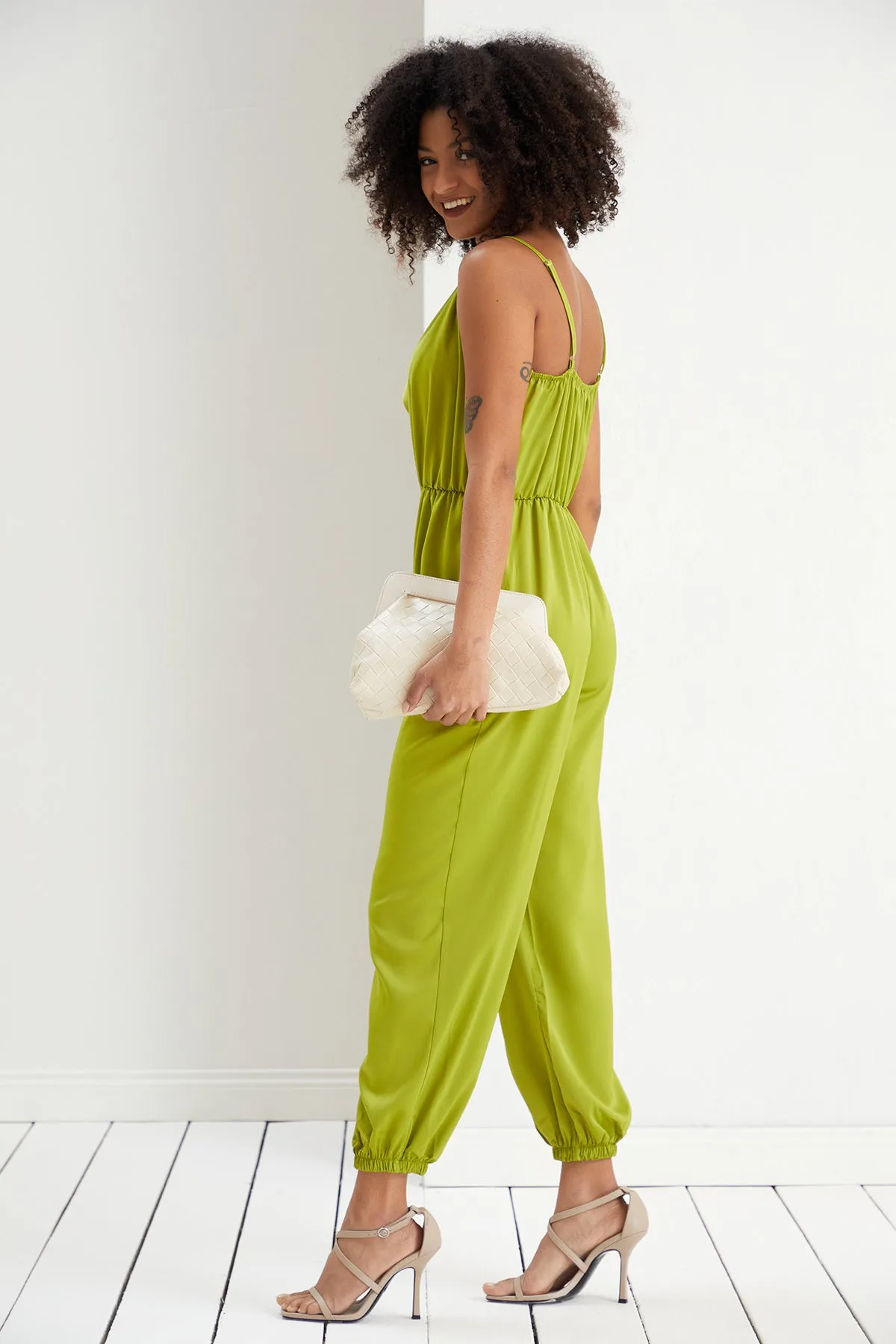 Vibrant Lime Green Satin Cami Jumpsuit