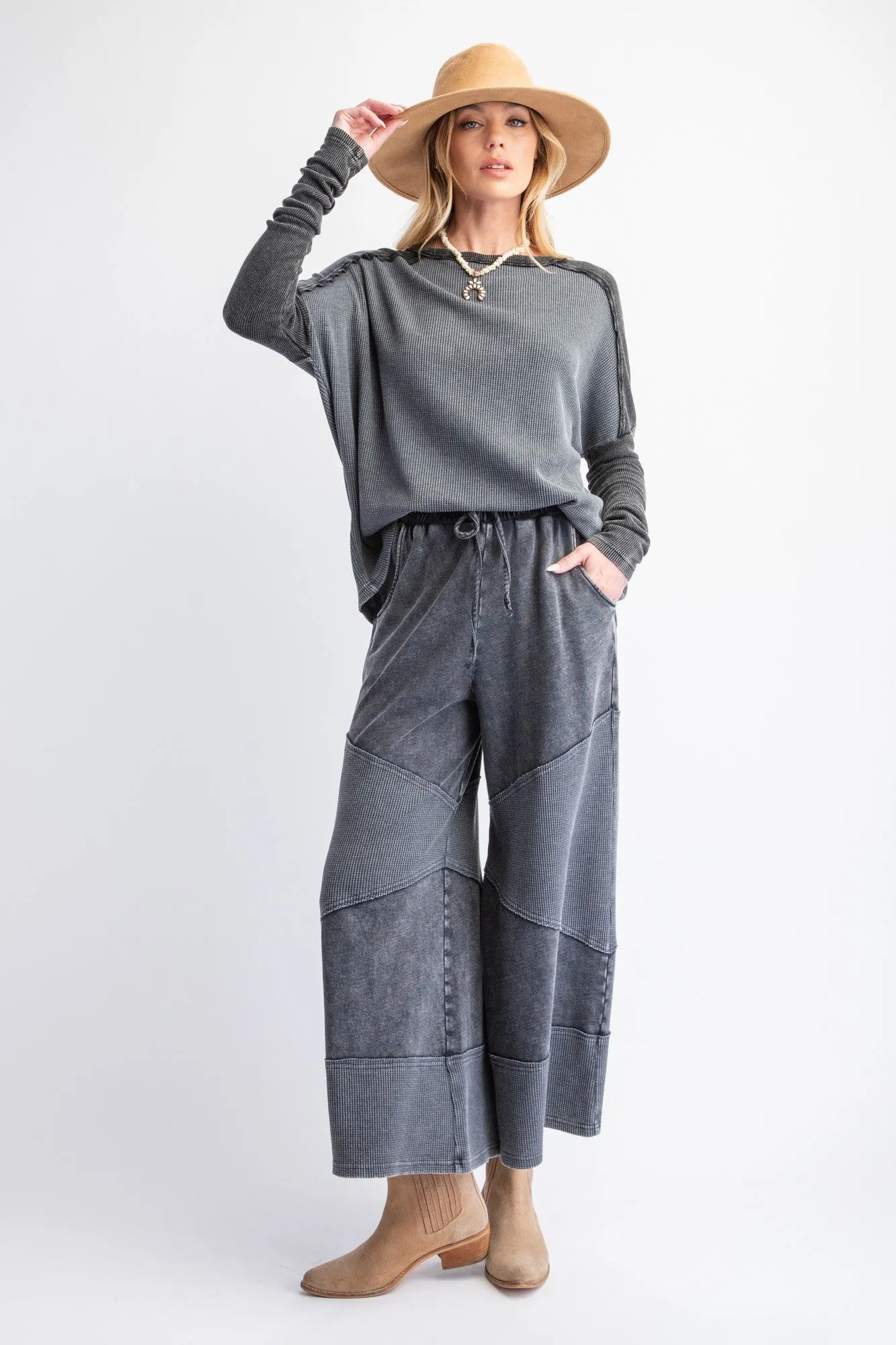 Waffle Patched Washed Black Pants