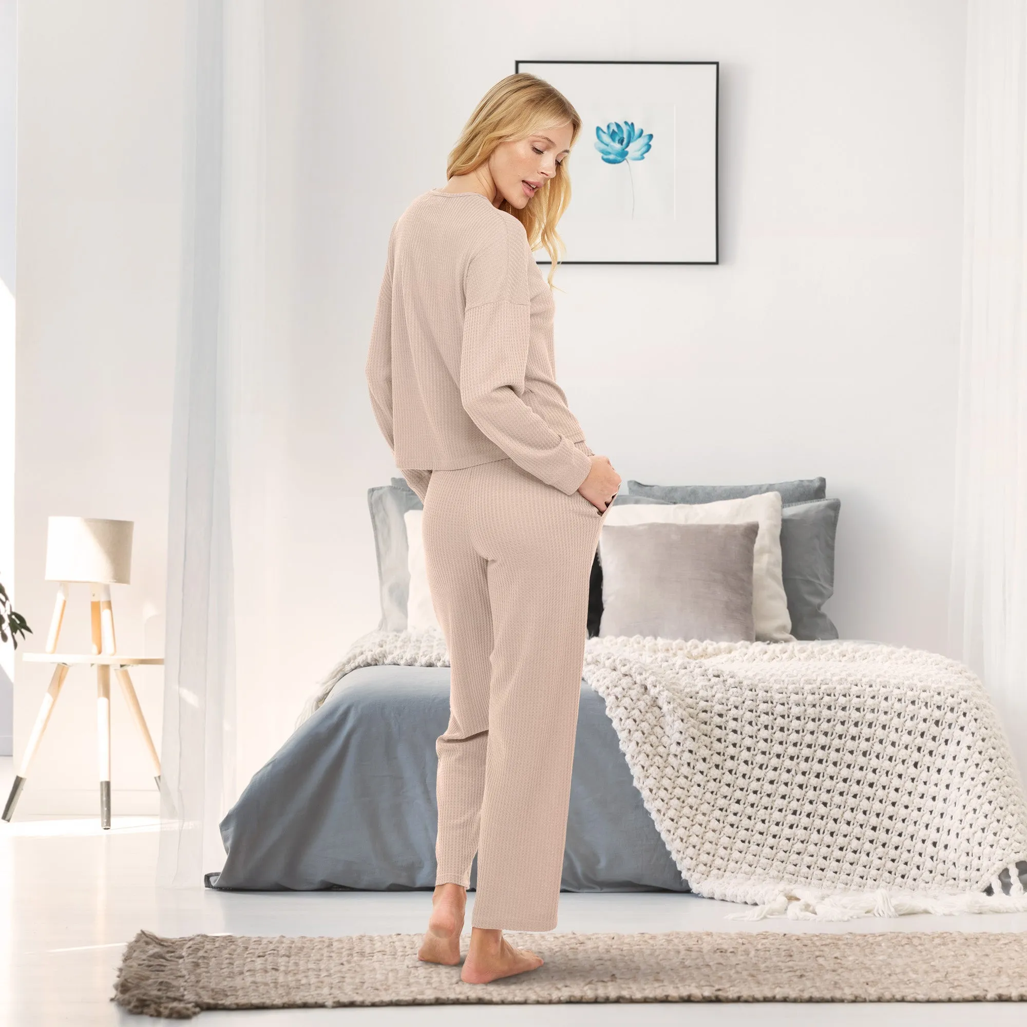 Women's Knit Pajamas Set with Pockets, Drop Shoulder Sleepshirt and Pajama Pants