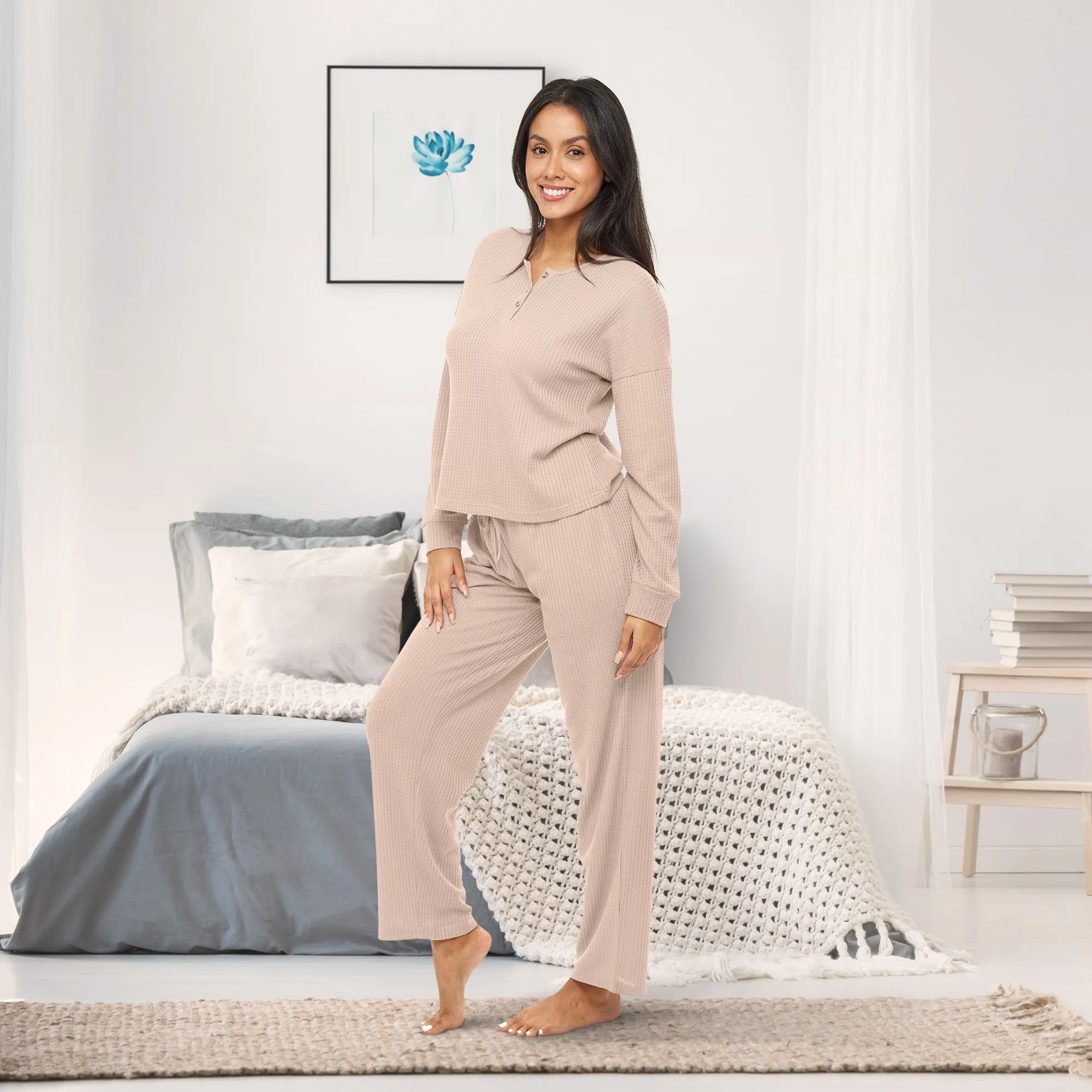 Women's Knit Pajamas Set with Pockets, Drop Shoulder Sleepshirt and Pajama Pants
